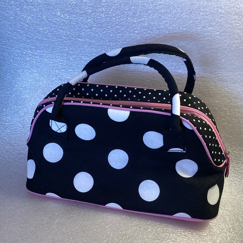 Once Upon A Rose Black White Polka Dot Pink Zippered Handled Cosmetic/Makeup Bag